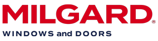 Logo of milgard windows and doors featuring the word "milgard" in large red letters with "windows and doors" in smaller black letters below.
